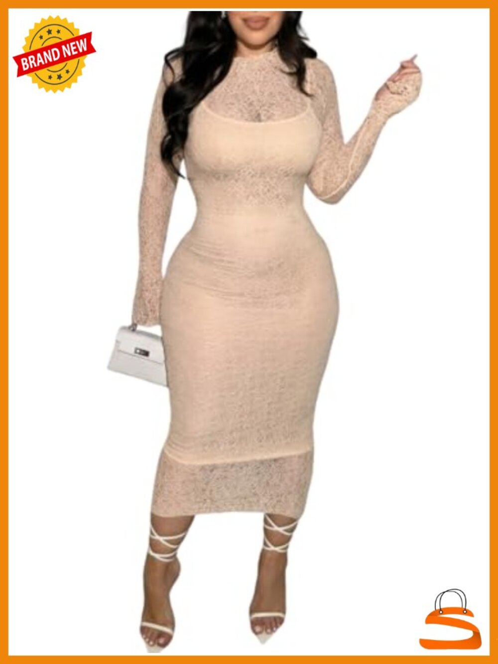 Women's Lace Bodycon Midi Dress Long Sleeve 2-Piece Set Wedding Guest